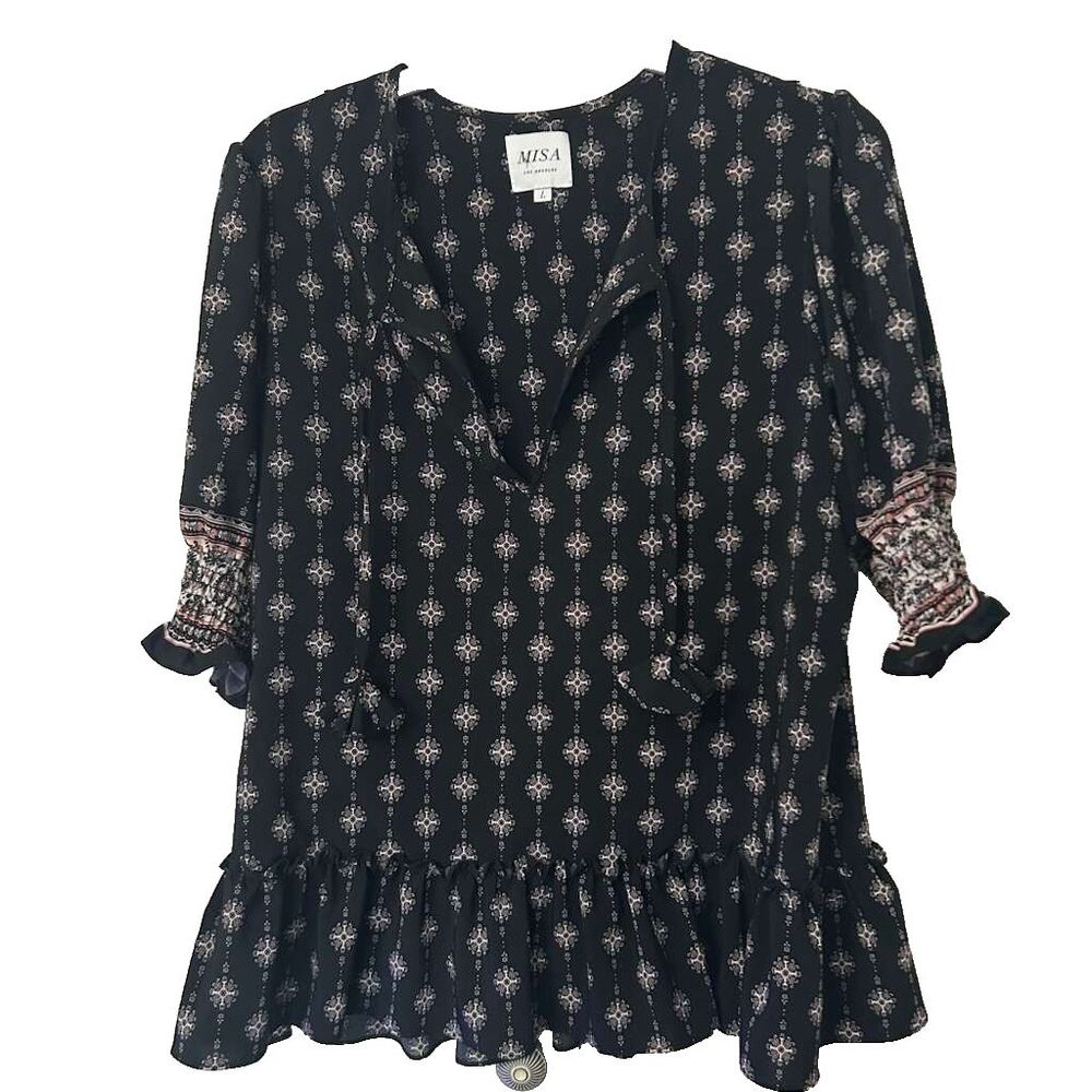 Misa Tassel Tie Printed Peplum Top Blouse Women Large Black Smocked Short Sleeve
